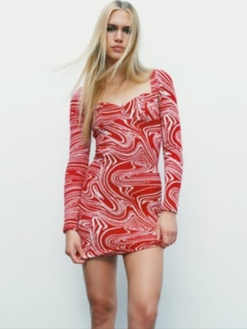 ZARA Jacquard Red Swirl Mini Dress Knit Long Sleeve Medium Sweetheart Bodycon - Picture 6 of 7